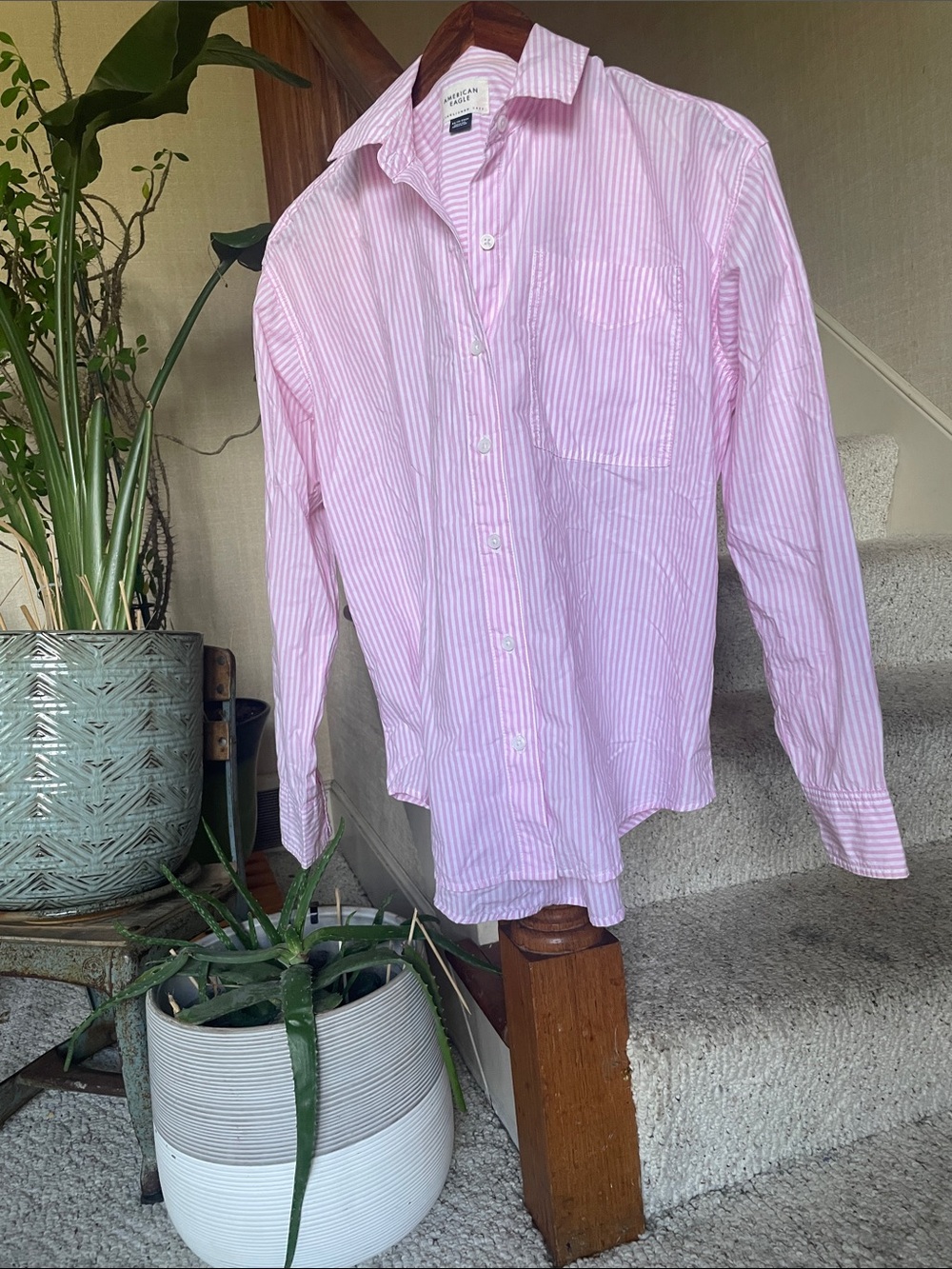American Eagle Oversized Pink and White Striped Dress Shirt